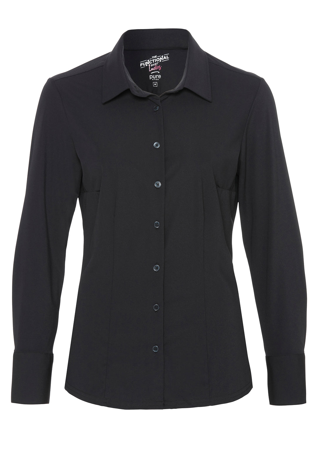 Schwarze Slim Fit Bluse für Damen mit durchgehender Knopfleiste und 4-Wege-Stretch. Leicht, schnelltrocknend und perfekt für den Alltag.